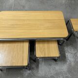Set of 4 70s nesting coffee tables in metal and solid oak