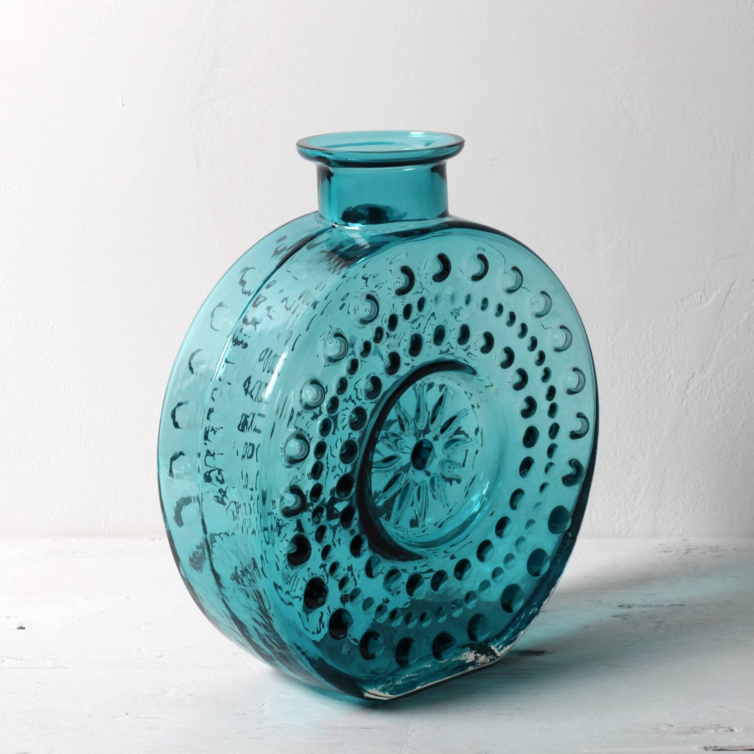 Vintage Teal Blue Glass Vase: Mid-Century Modern Sunburst Design / 1969