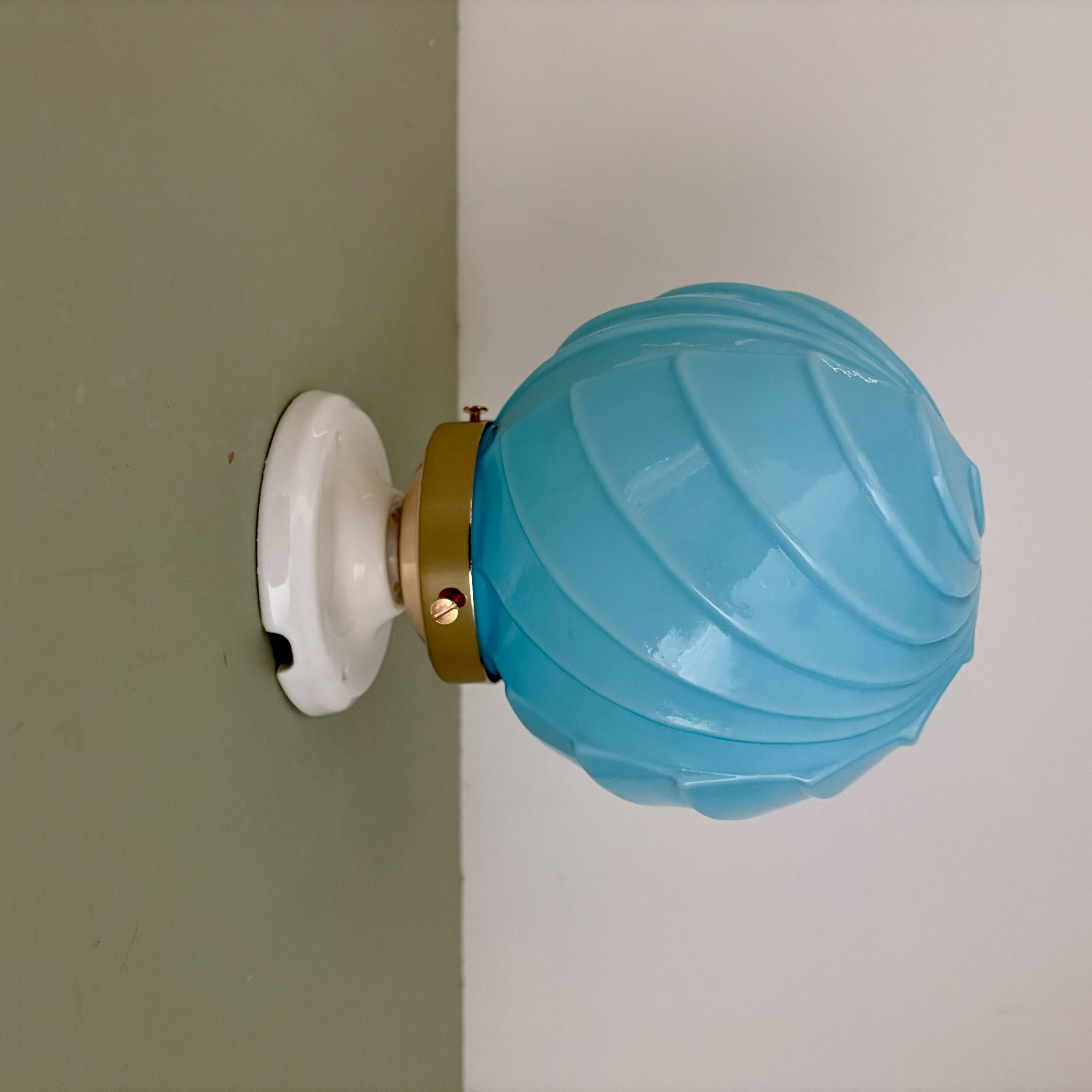 Vintage art deco globe wall lamp in blue opaline