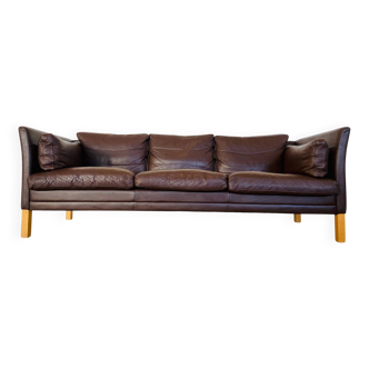 MID CENTURY VINTAGE DANISH MOGENS HANSEN 3 PERSON SOFA IN COCO BROWN LEATHE