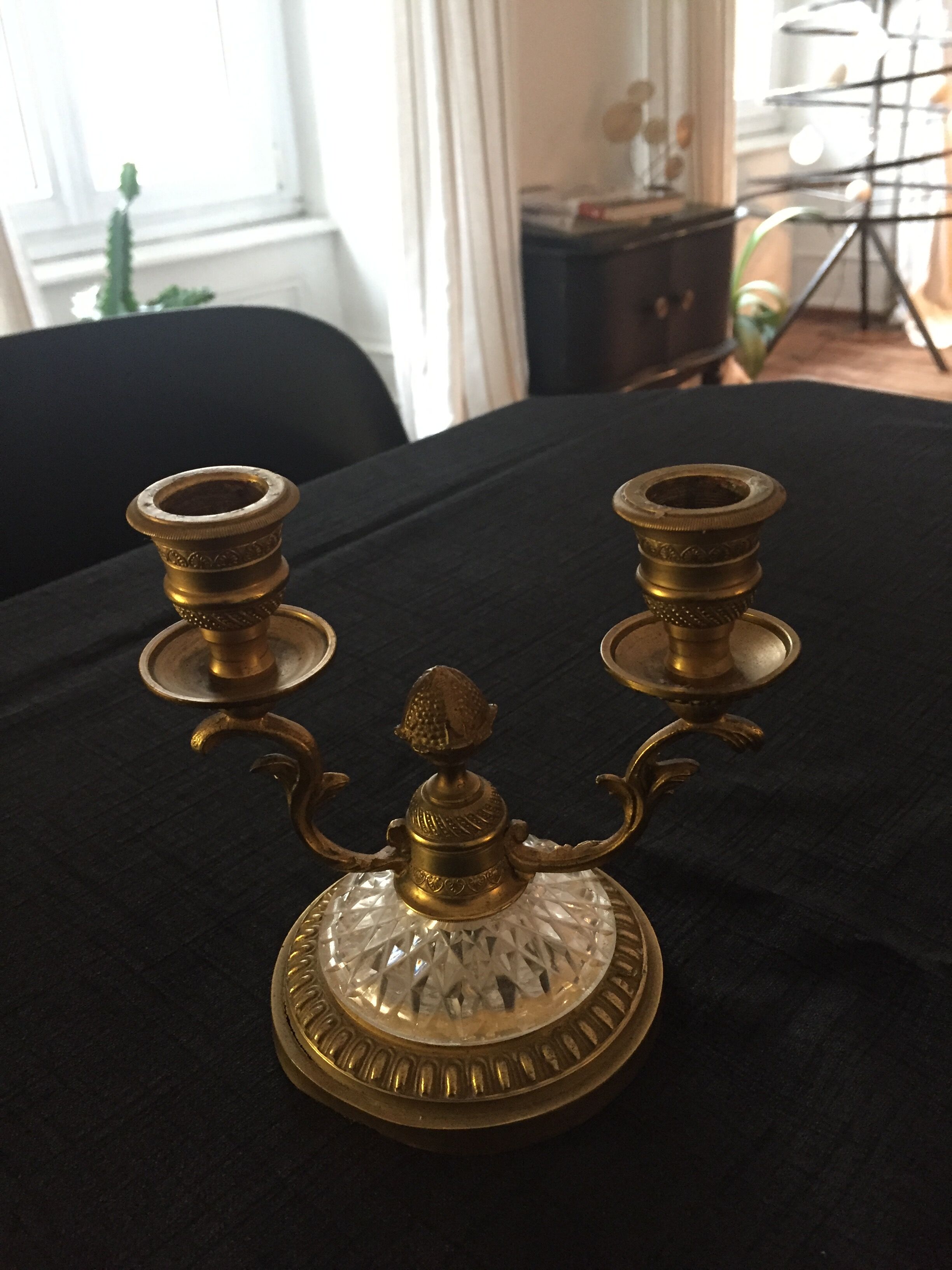 Double bronze and glass double candlestick