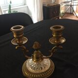 Bougeoir double ancien bronze et verre
