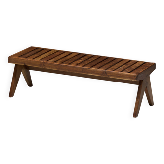 Banc à lattes en teck massif de Pierre Jeanneret, Inde, années 1950