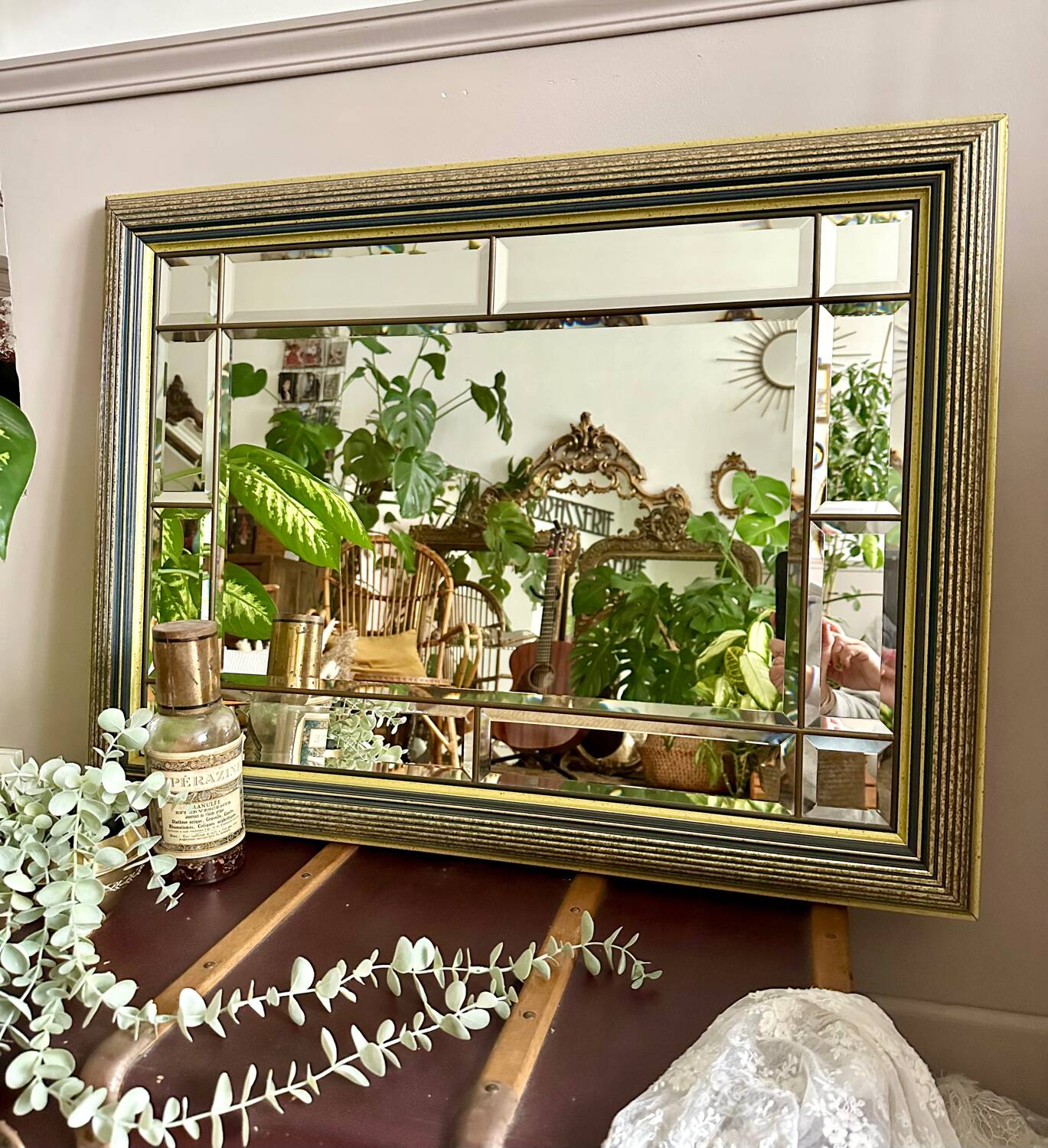Beveled wooden mirror with glazing beads