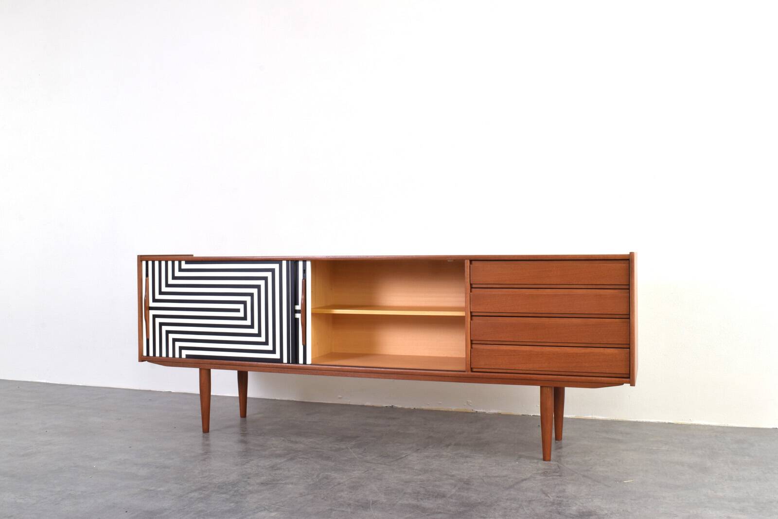Mid-Century Op-Art Hand-Painted Danish Teak Sideboard, 1960s