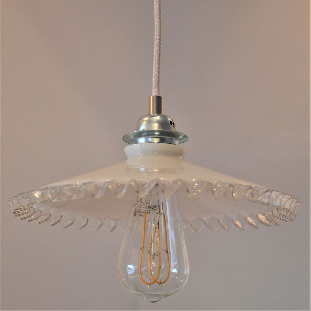 White scalloped opaline hanging and chrome metal sleeve