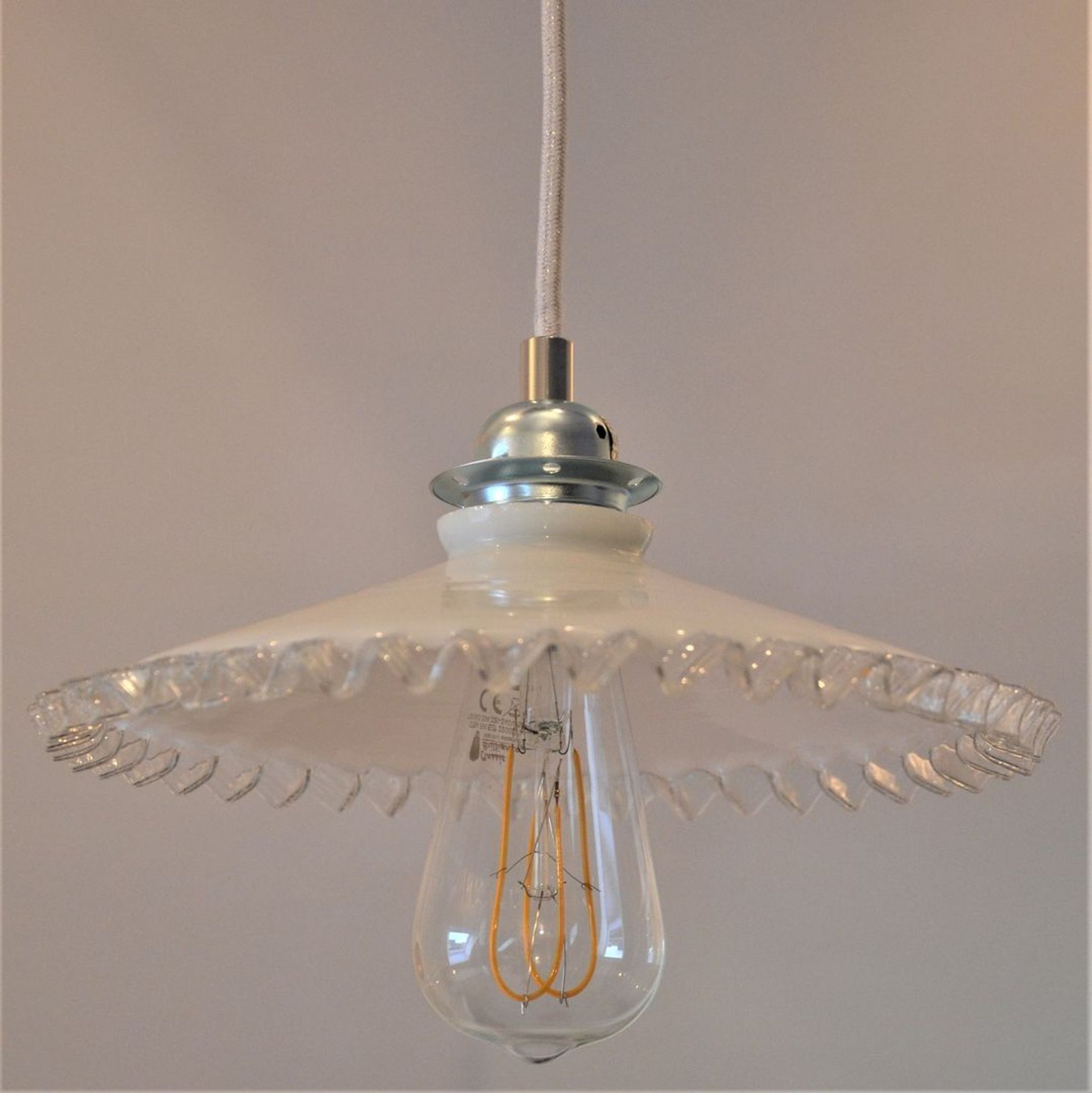 White scalloped opaline hanging and chrome metal sleeve