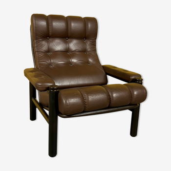 Danish vintage brown leather armchair with wooden frame 1970s