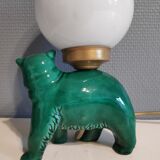 Green ceramic bear lamp and white opaline globe