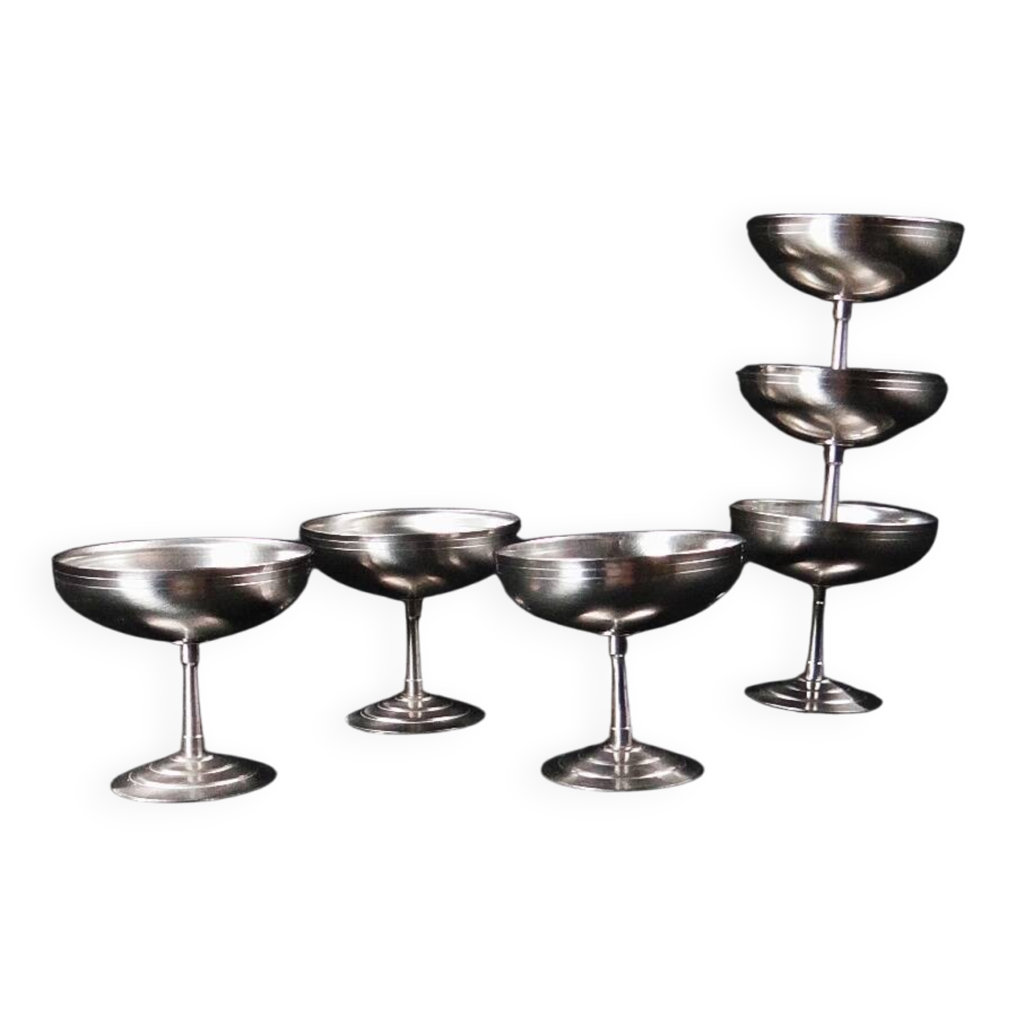 6 stainless steel ice cream bowls on foot Létang Rémy stainless steel dessert service