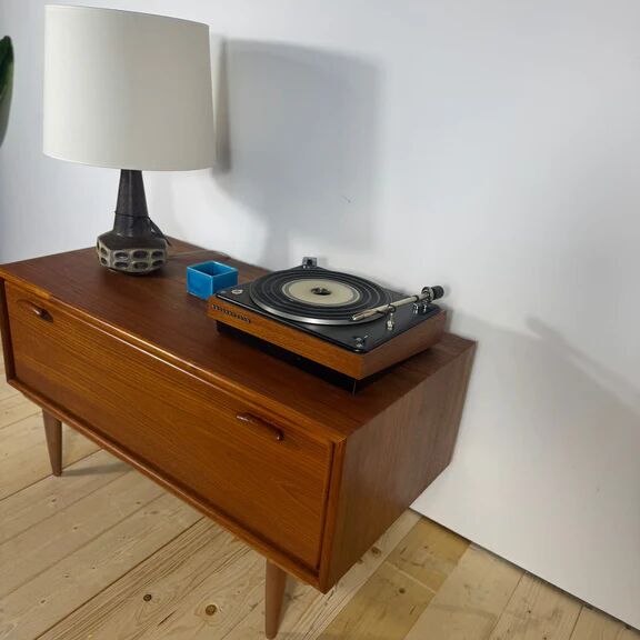 Low vintage sideboard with drop-down door – Scandinavian design 1960s, teak and elegant details