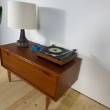 Low vintage sideboard with drop-down door – Scandinavian design 1960s, teak and elegant details