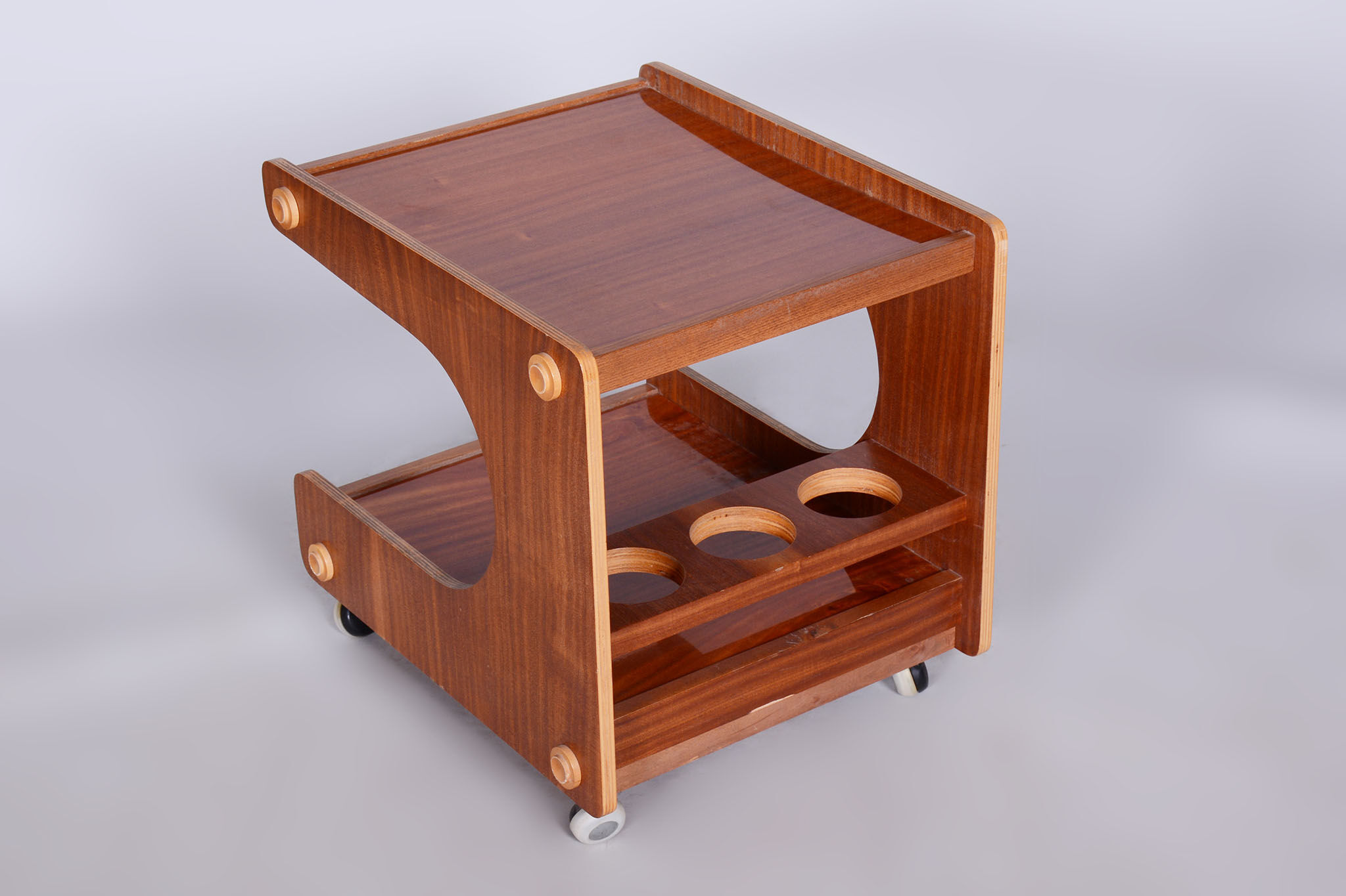 Restored midcentury mahogany trolley, revived polish, czechia, 1960s