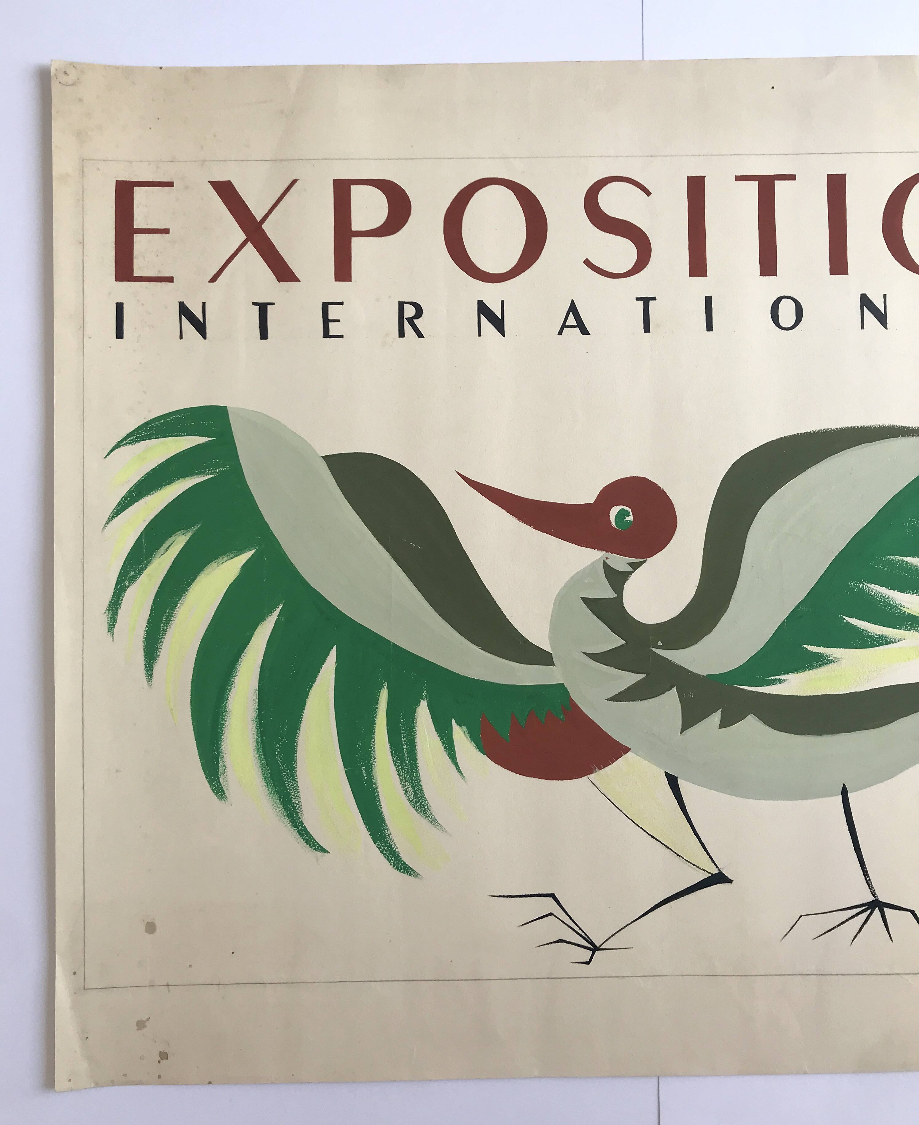 International art deco ornithological exhibition. Original poster painted in gouache.