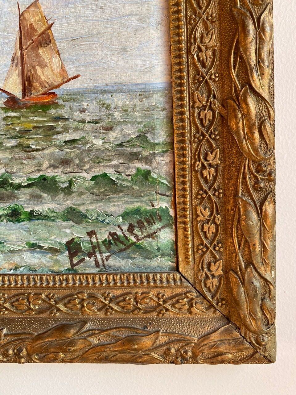 Ancient painting, Marine, signed 20th century