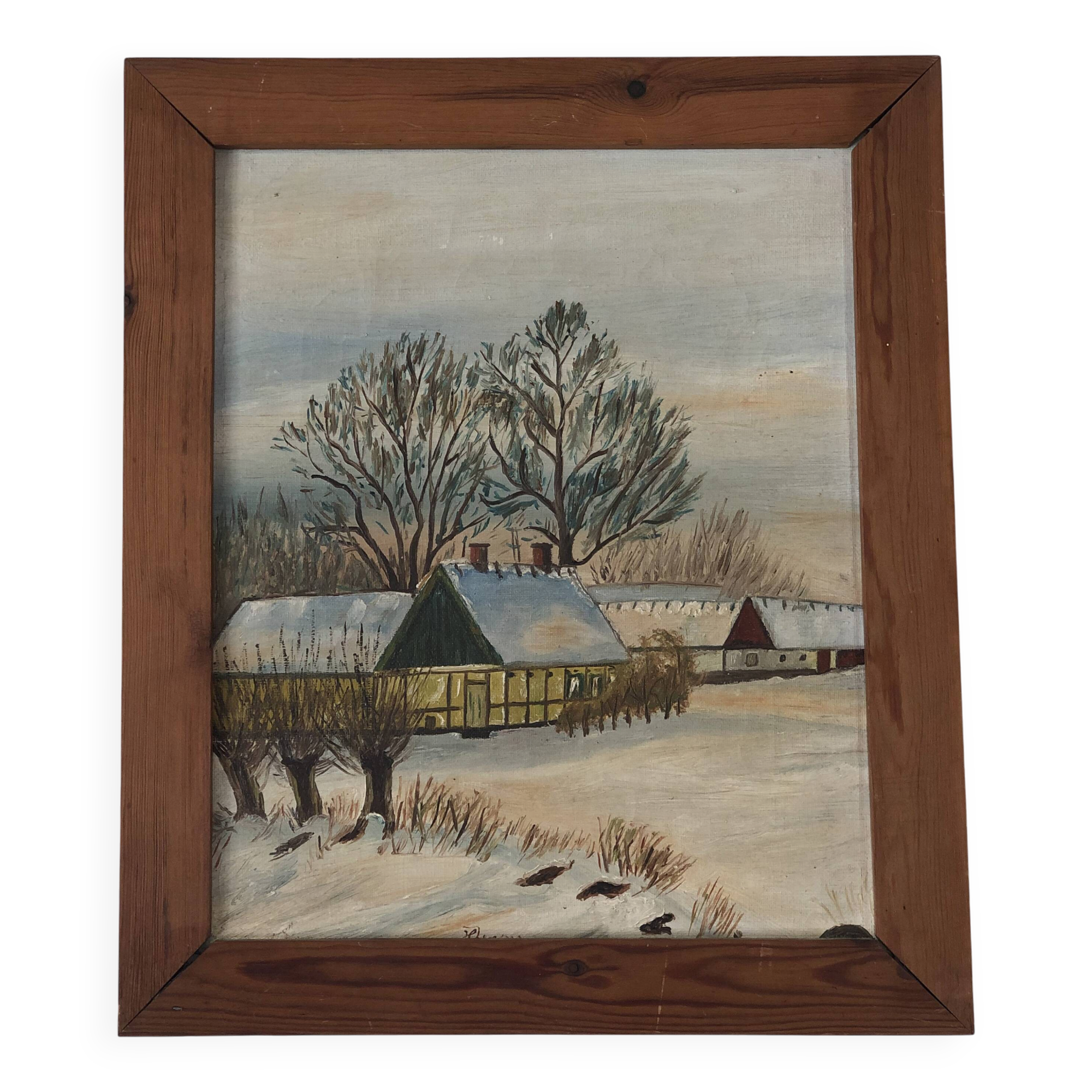 Peinture à l'huile vintage originale de cottage : Art de paysage d'hiver encadré