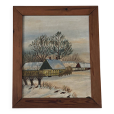 Vintage Original Cottage Oil Painting: Framed Winter Landscape Art