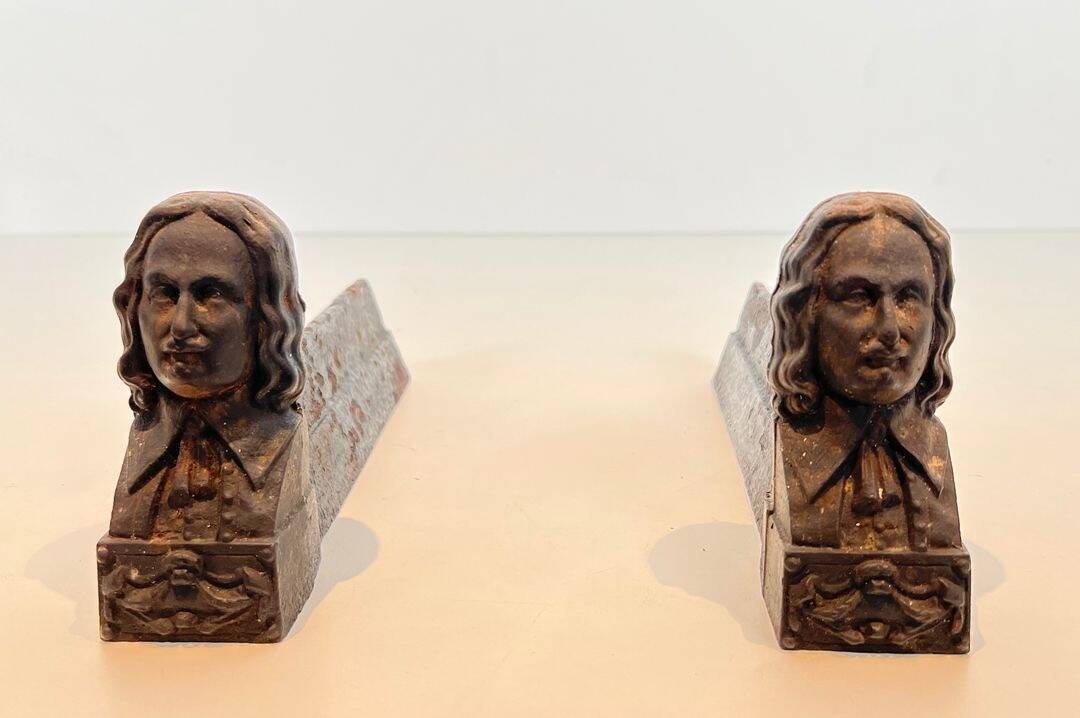Pair of Cast Iron Andirons in the Likeness of Beethoven. France. Circa 1900.