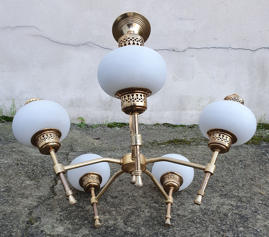 Brass opaline chandelier 1950