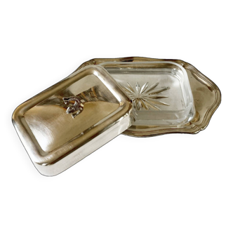 Old silver metal butter dish with fish lid