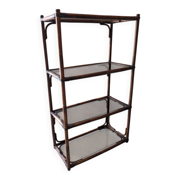 Etagère en bambou teinté et verre fumé, France vers 1970