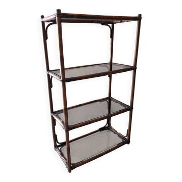 Etagère en bambou teinté et verre fumé, France vers 1970