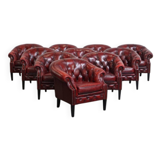 Set of 10 English Cowhide Leather Chesterfield Club Chairs in a Red Color