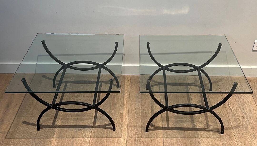 Pair of Black Lacquered Wrought Iron and Glass Side Tables, French Work