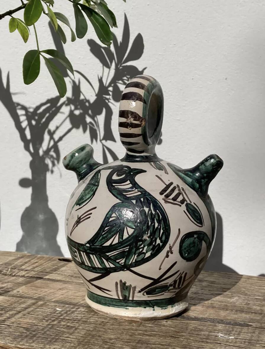 Hand-painted Picasso style ceramic bird jug signed Punter