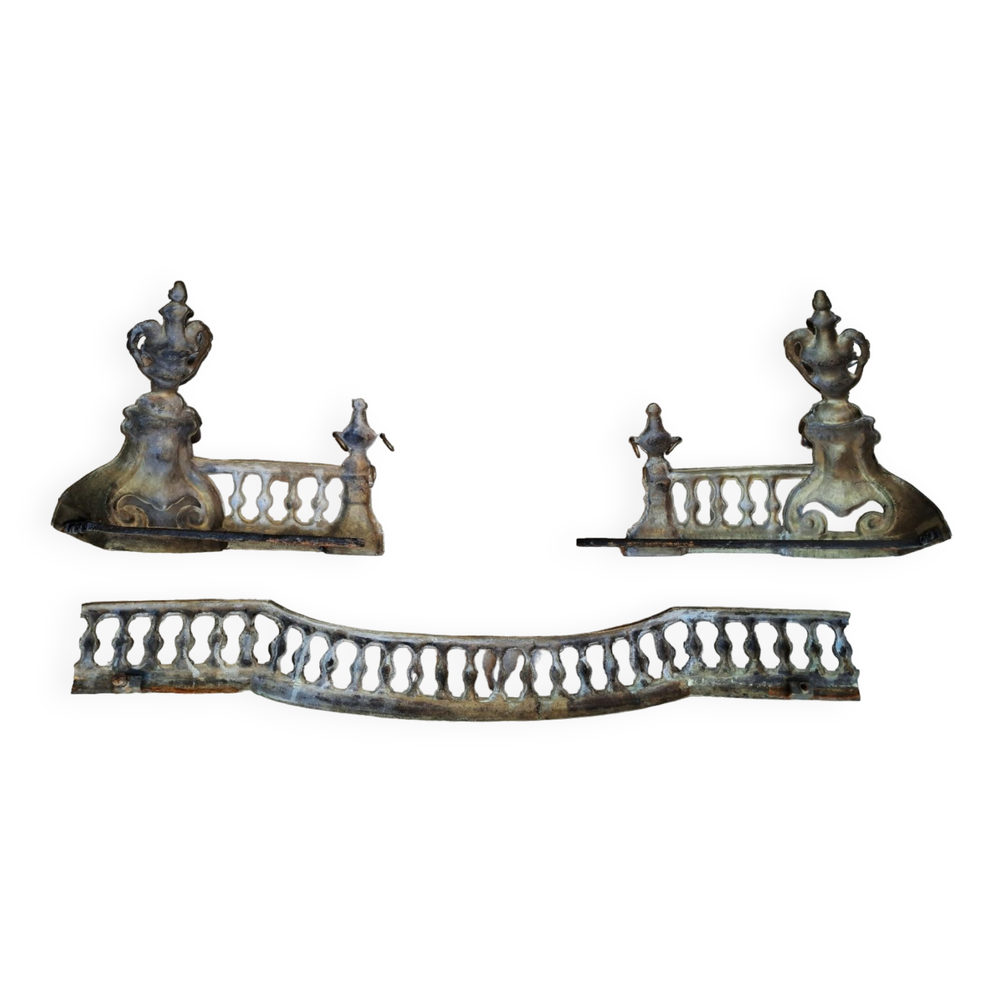 Louis XVI style bronze andirons and fireplace bar