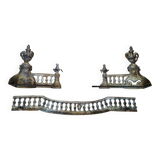 Louis XVI style bronze andirons and fireplace bar