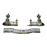 Louis XVI style bronze andirons and fireplace bar
