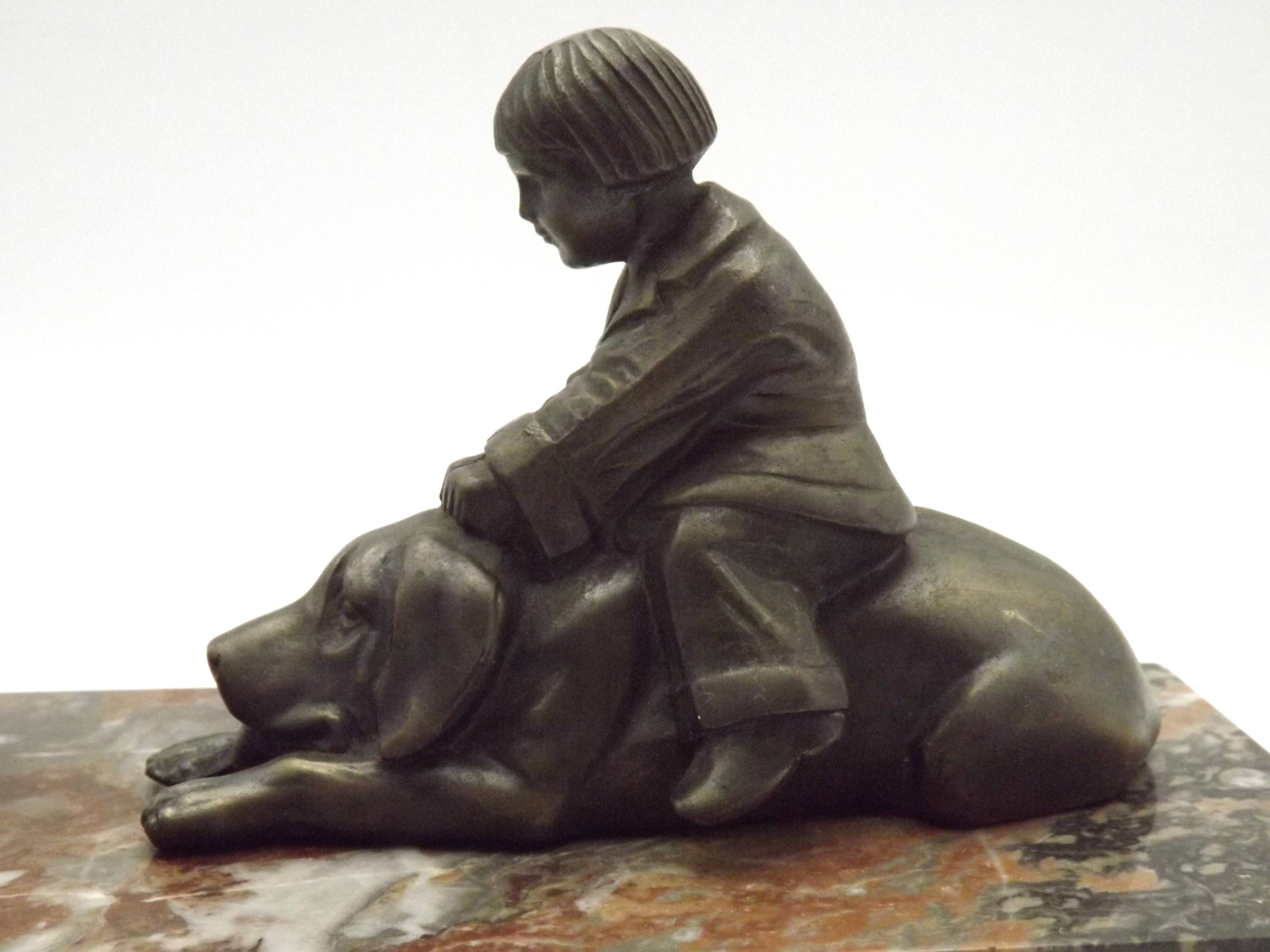 French Art Deco Table Lamp Vintage Dog & Child Figure Opaline Glass Shade