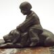 French Art Deco Table Lamp Vintage Dog & Child Figure Opaline Glass Shade