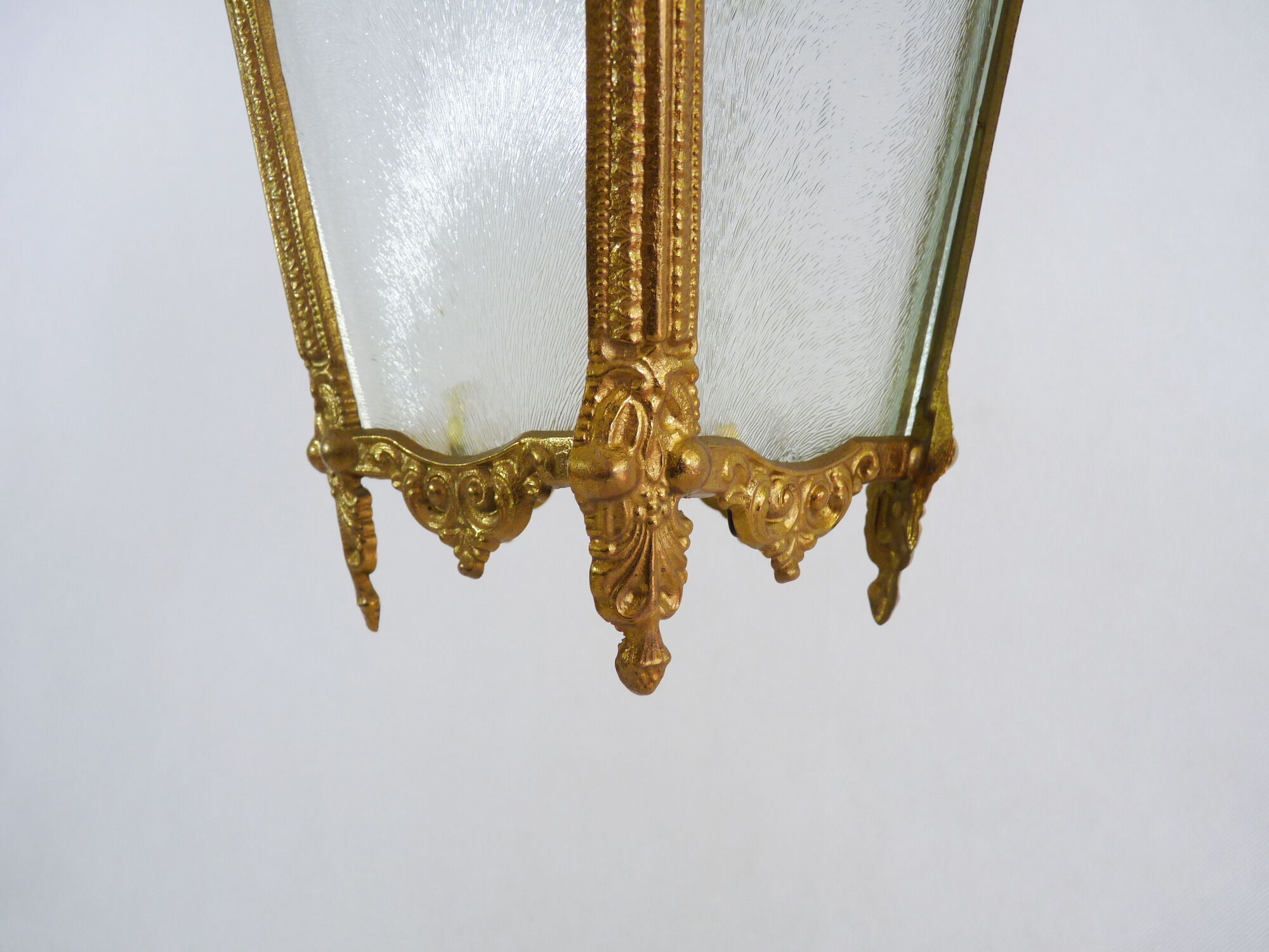 Old lantern with 4 faces in glass, chandelier in gilded bronze and glass, year 60