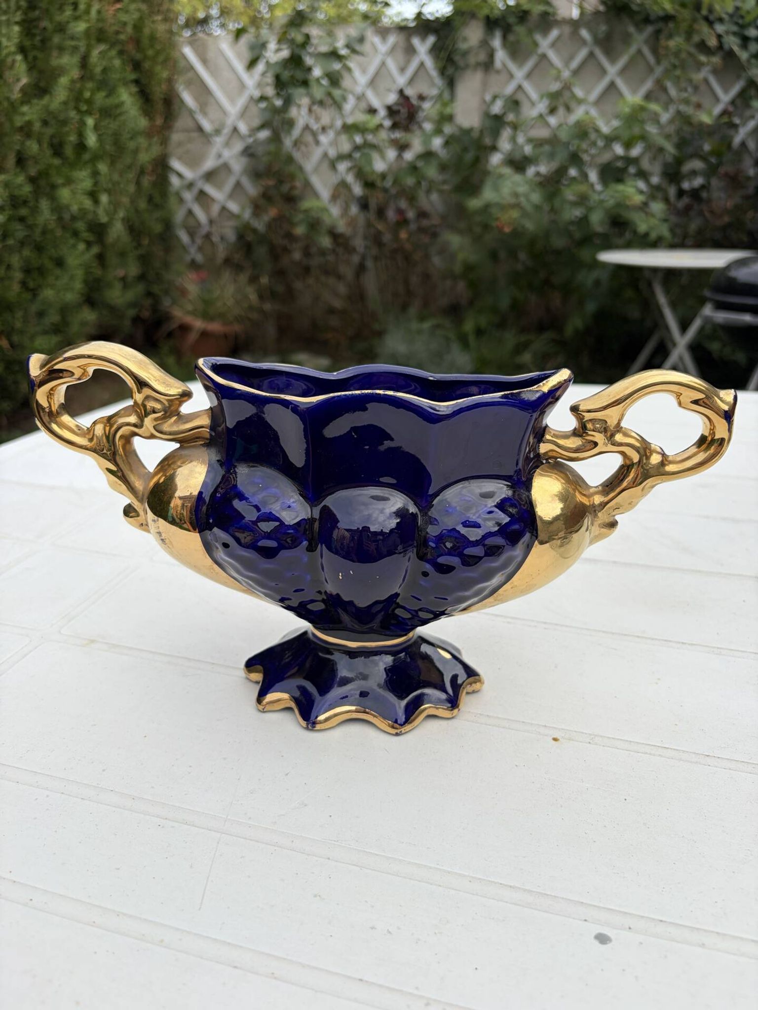 Cobalt blue vase urn planter gold-plated vintage Italy