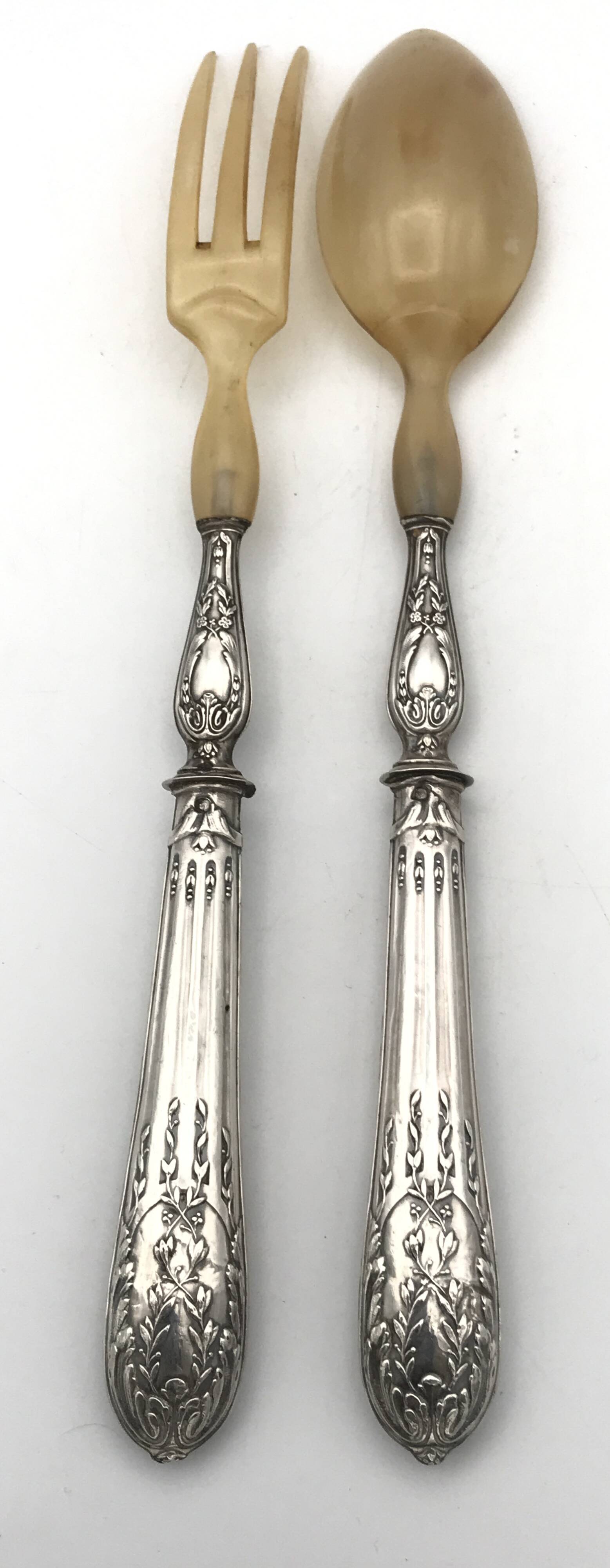 Serving cutlery, salad cutlery, in filled silver, minerva hallmarks