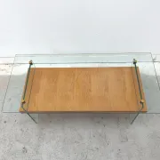 Coffee table by Robert Debiève in ash veneer, glass and brass, France 1950.