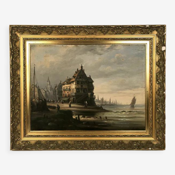 Huile sur toile XIXe, La ville au bord de l’eau signée H. Laforge et datée 1882