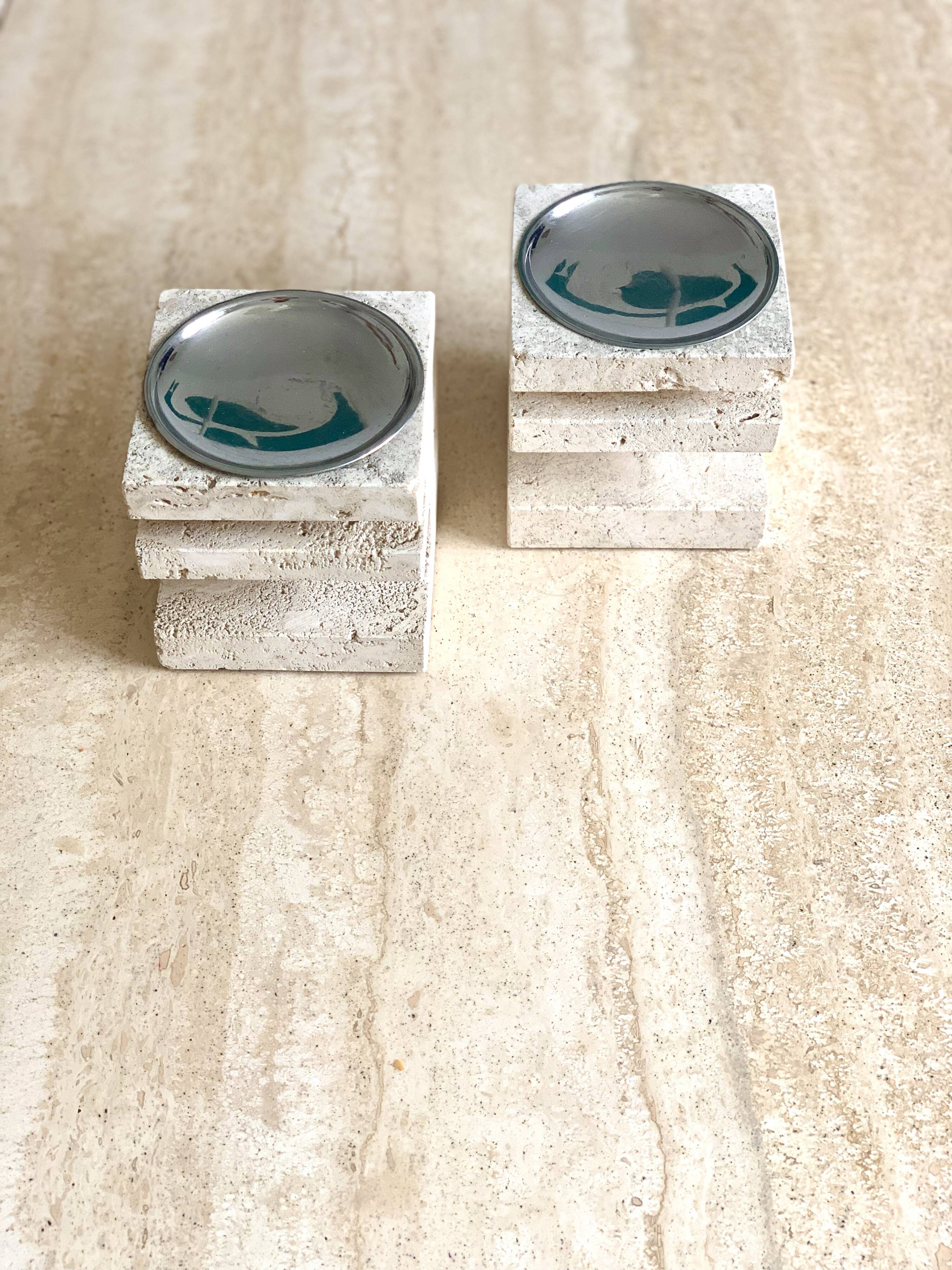 Pair of travertine candlesticks by Fratelli Mannelli, 1970