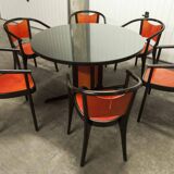 Baumann Diese table and 6 armchairs, Pagnon Pelhaître design, Wenge and red color,