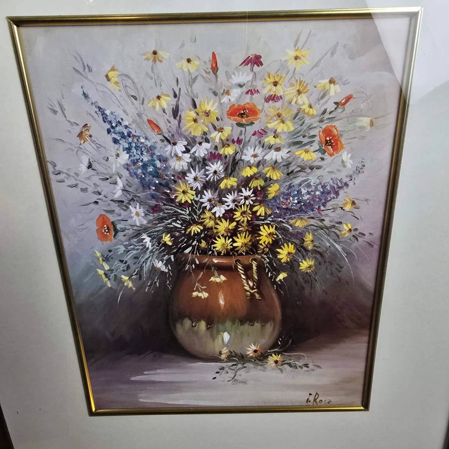 Vintage frame bouquet of flowers signed Roca – Decorative print under glass