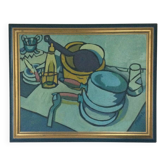 Oil on canvas by aymery rolland. still life with saucepans