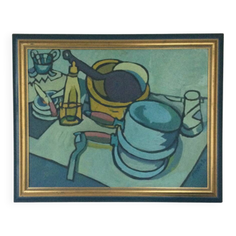 Oil on canvas by aymery rolland. still life with saucepans