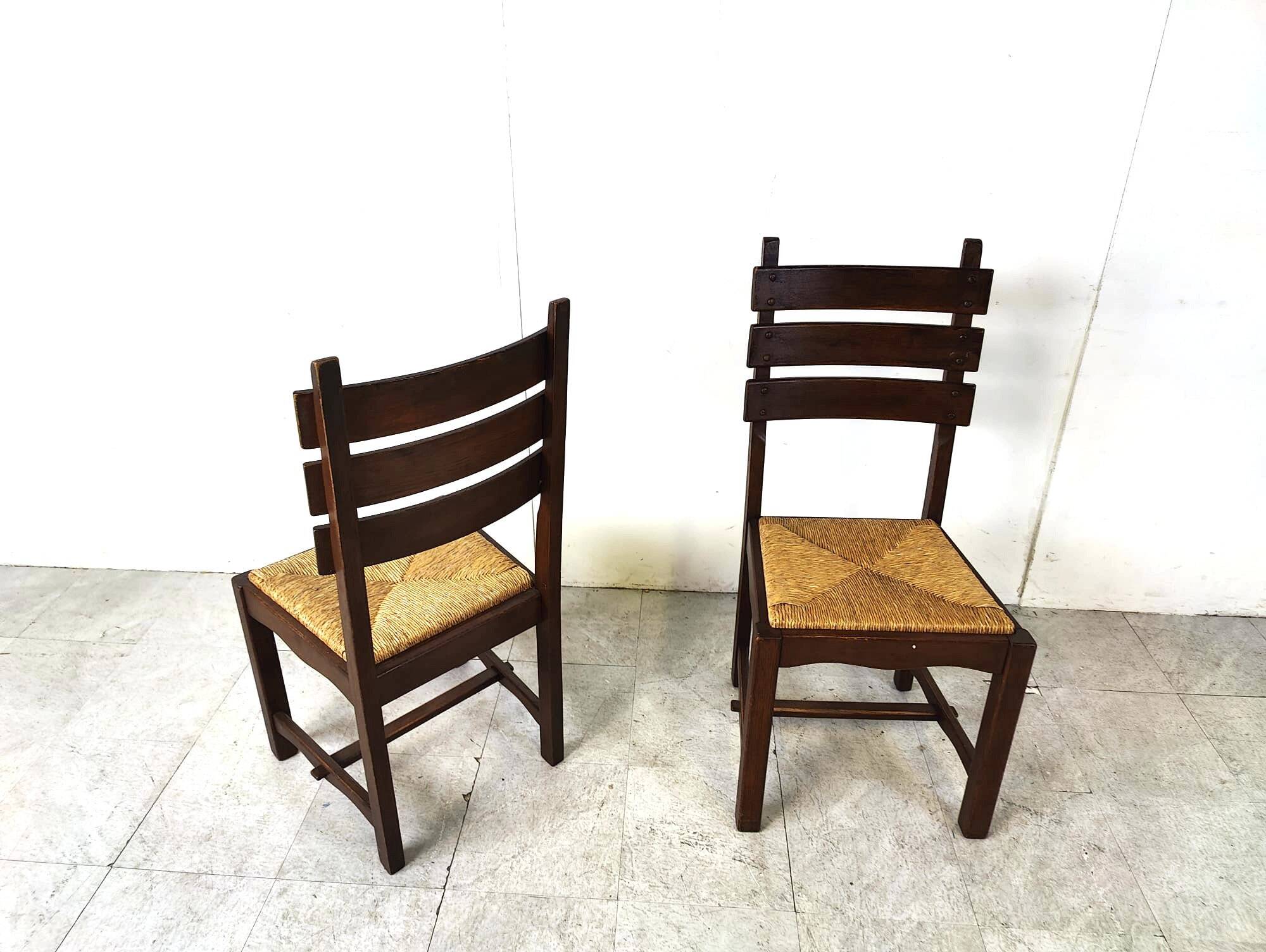 Vintage oak and wicker brutalist dining chairs, 1960s