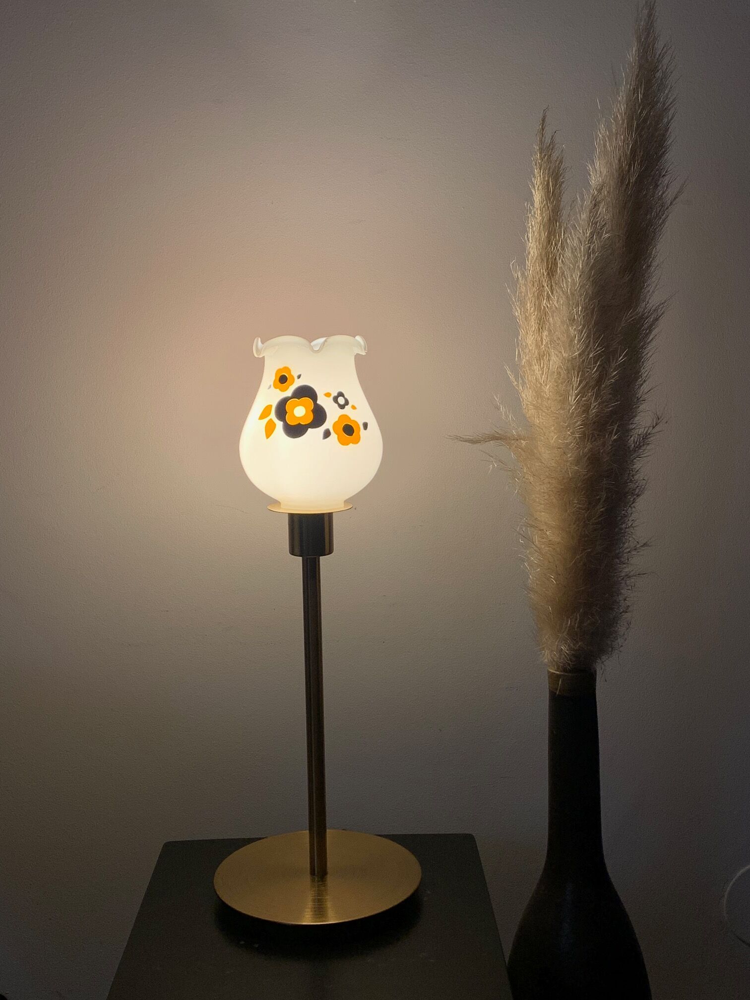 Table lamp with old white glass globe, restyled, lily of the valley shape