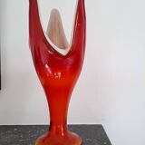 Designer vase in the shape of a tulip from the 70s, orange red blown glass, Dragan Drobnjak