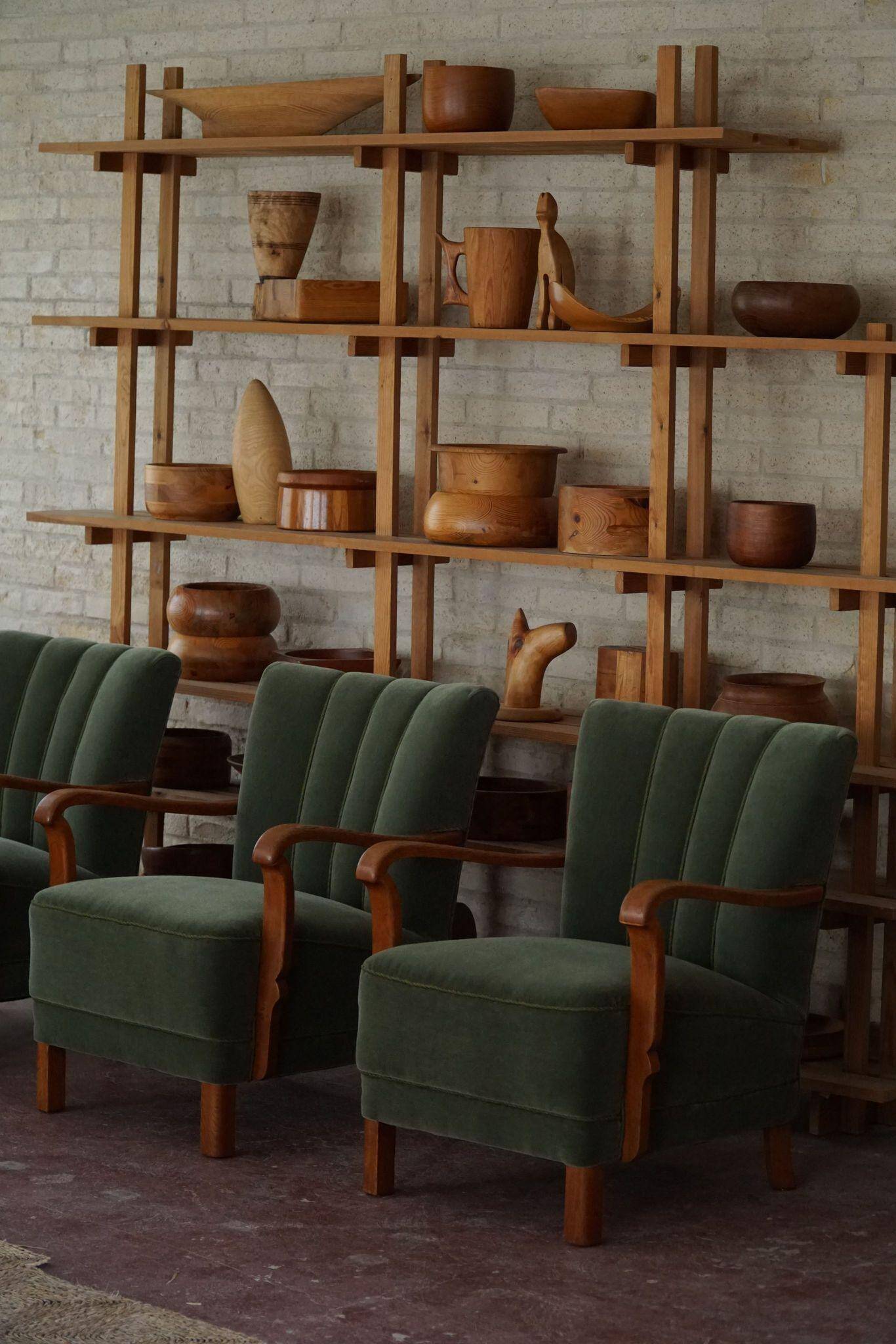 Danish Art Deco, set of 3 oak armchairs, reupholstered in green mohair, 1930s.