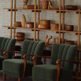 Danish Art Deco, set of 3 oak armchairs, reupholstered in green mohair, 1930s.