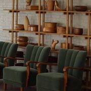 Danish Art Deco, set of 3 oak armchairs, reupholstered in green mohair, 1930s.